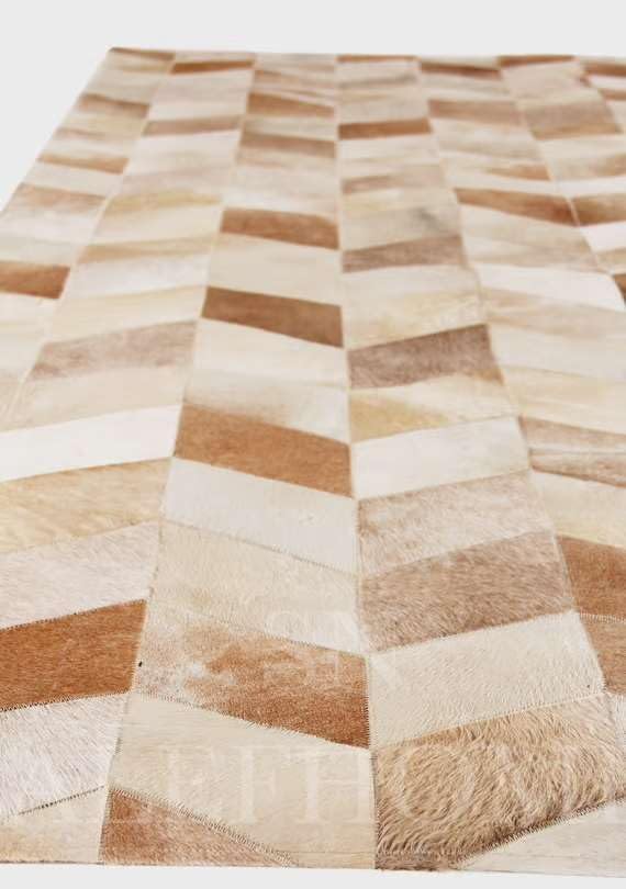 Faux Cowhide Chevron Pattern Area Rug – Beige Geometric Leather Carpet | Modern - Image 2