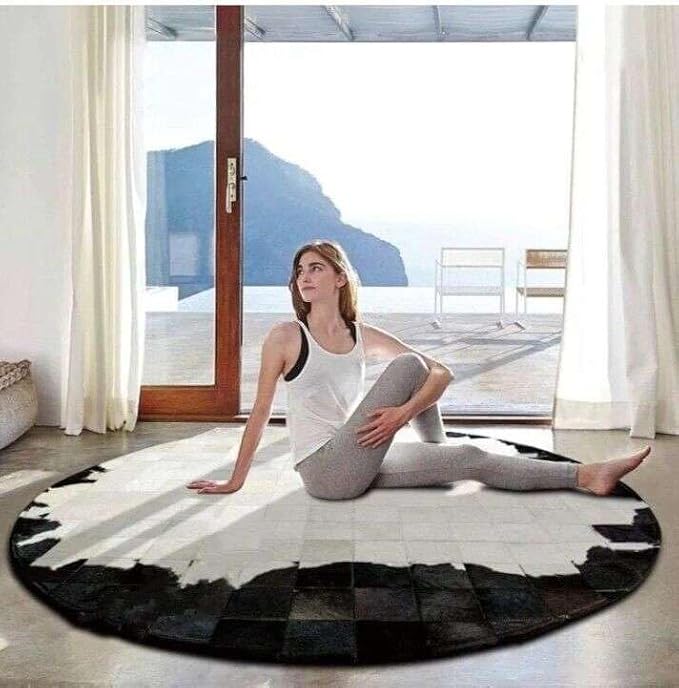Round Geometric Patchwork Cowhide Leather Area Rug – Washable Non-Slip Modern - Image 3