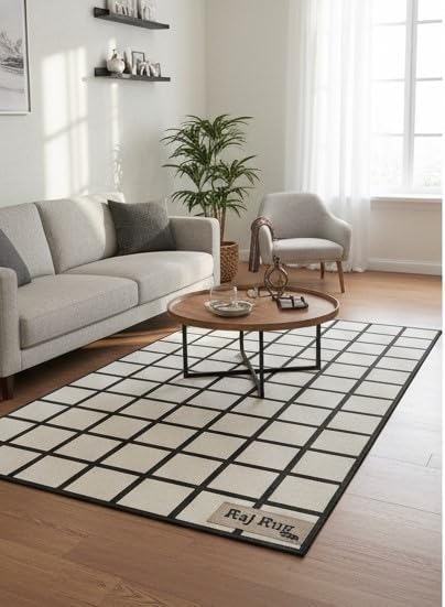 Handmade Wool Area Rug & Runner | Modern Grid Pattern Carpet - Image 2