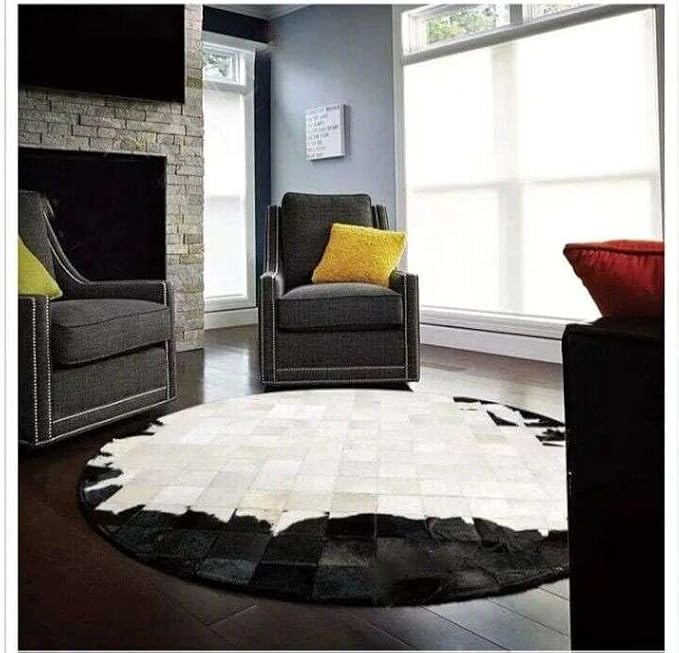 Round Geometric Patchwork Cowhide Leather Area Rug – Non-Slip Modern Faux - Image 4