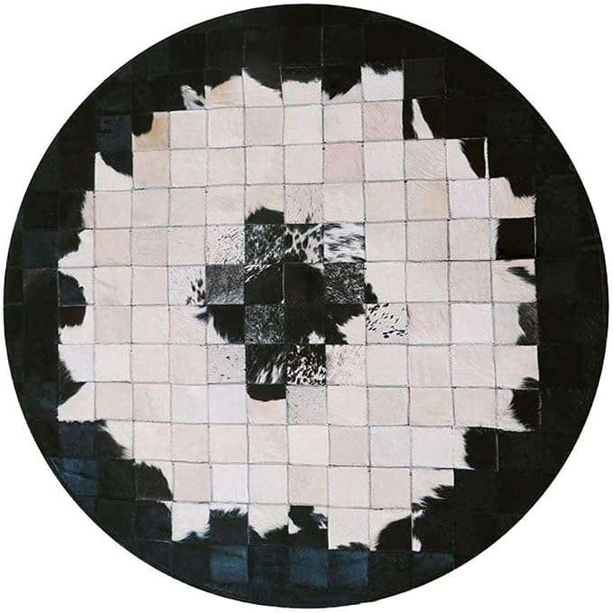 Round Black & White Cowhide Leather Area Rug – Modern Geometric Circle Carpet by SNALFEHOME