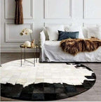 Round Geometric Patchwork Cowhide Leather Area Rug – Washable Non-Slip Modern by SNALFEHOME