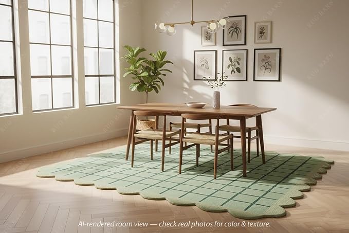 Mint Green Scalloped Edge Wool Area Rug - Image 3