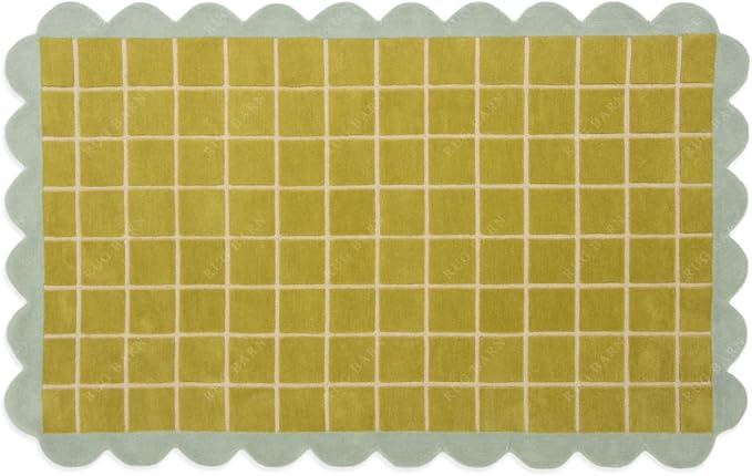 Checkered Wool Area Rug with Scalloped Border, Chartreuse Green & Cream Grid - Image 3