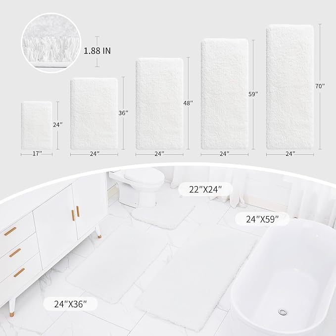 White Bathroom Runner Rug 24x59 Non Slip Fluffy Long Bath Mat - Image 2