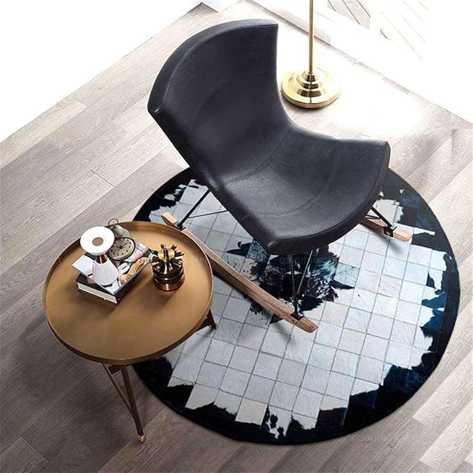 Round Black & White Cowhide Leather Area Rug – Modern Geometric Circle Carpet - Image 2