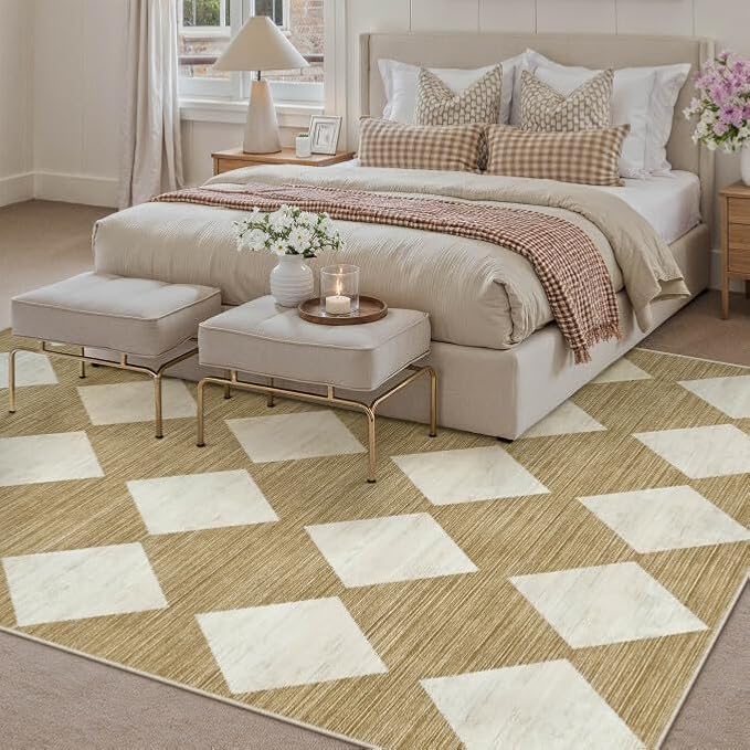 8x10 Checkered Area Rugs for Living Room Brown Machine Washable Large Rug - Image 4