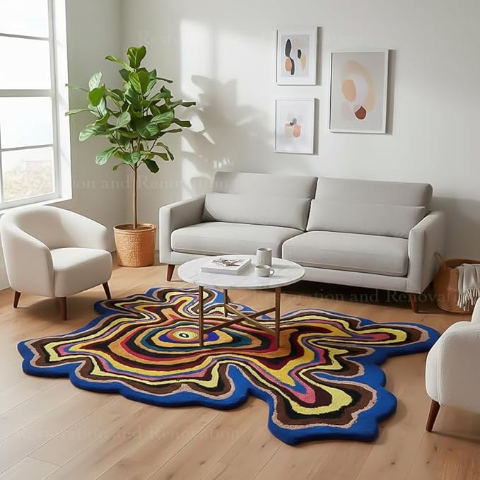 Irregular Shaped Handmade Wool Rug | Modern Colourful Stripe Premium Area Rug by RestorationandRenovation