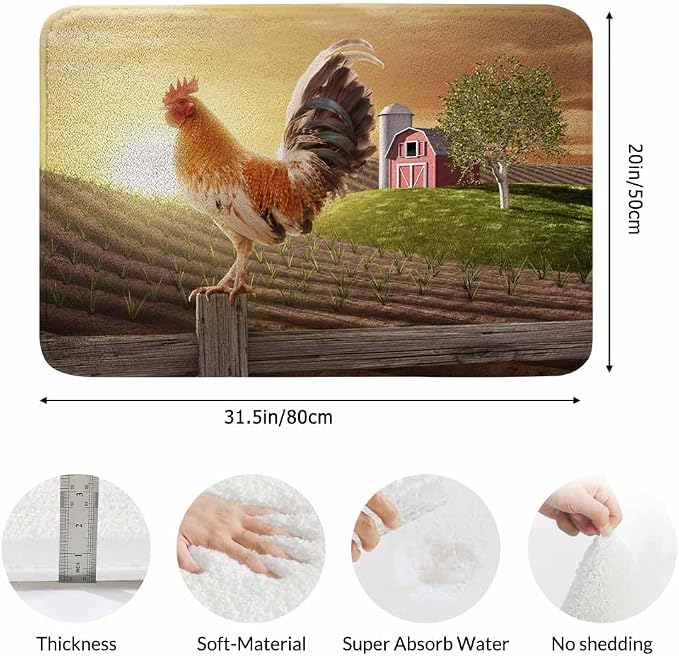 Rooster Bath Rugs for Bathroom Sunrise Rooster Hen Farm Fence Durable Flannel - Image 3