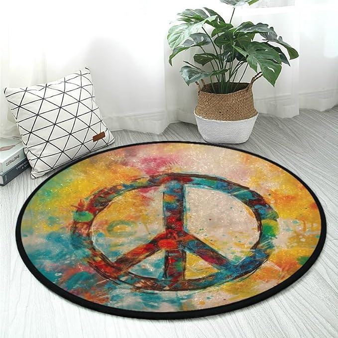 Boho-Style Peace Sign Round Rug Soft, Non-Slip by DNOVING