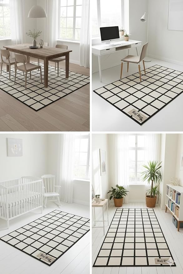 Handmade Wool Area Rug & Runner | Modern Grid Pattern Carpet - Image 5