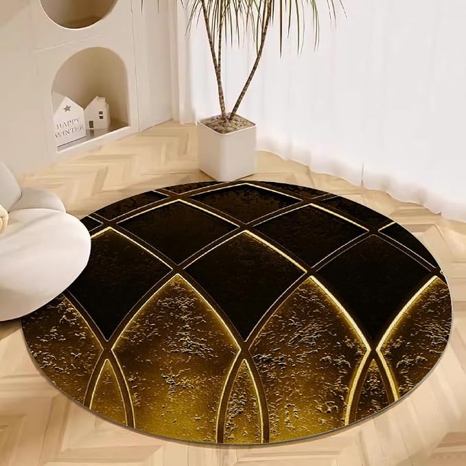Luxury Black Gold Round Rug Vintage Golden Texture Living Room Circle Area Rugs by Unknown