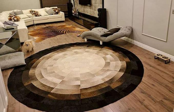 Round Faux Cowhide Leather Rug 9×9 ft – Brown & Beige Rustic Western Farmhouse by SNALFEHOME