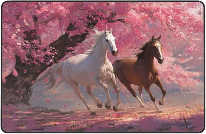 Galloping Horse Cherry Blossom Area Rug Washable Outdoor Rugs Anti-Slip Soft - Image 6