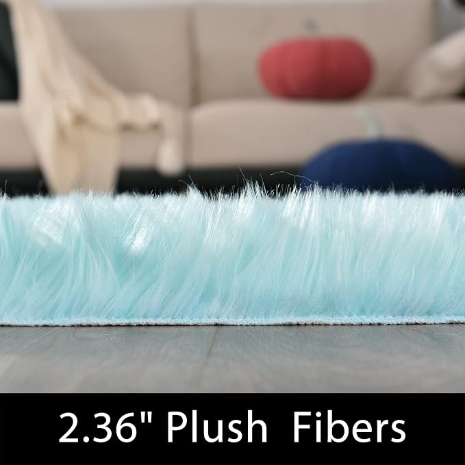 Latepis Light Blue Fur Round Rug 3ft Faux Sheepskin Circle Rug - Image 2