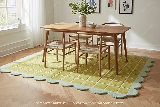 Checkered Wool Area Rug with Scalloped Border, Chartreuse Green & Cream Grid - Image 2