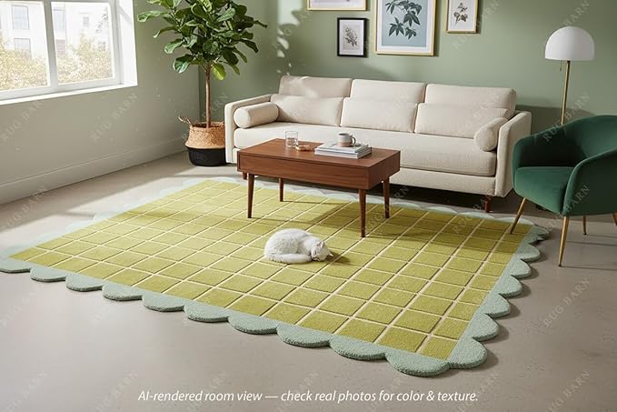 Checkered Wool Area Rug with Scalloped Border, Chartreuse Green & Cream Grid - Image 5