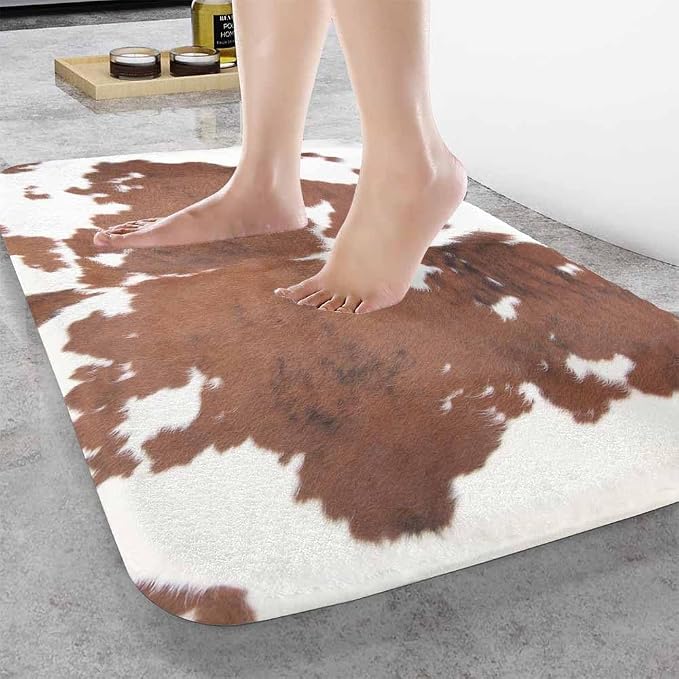 Cowhide Bathroom Mat Rugs Farm Animal Brown Cowhide Print Cow Microfiber Faux - Image 2