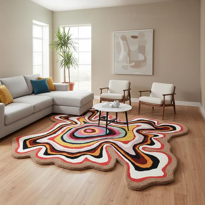 Irregular Shaped Handmade Wool Rug | Modern Colourful Stripe Premium Area Rug by RestorationandRenovation