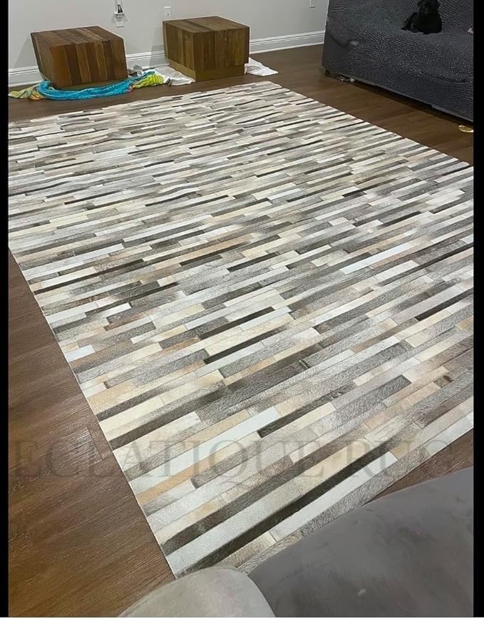Cowhide Leather Rug for Living Room 8x10, Modern Stripes Style Floor Carpet - Image 4