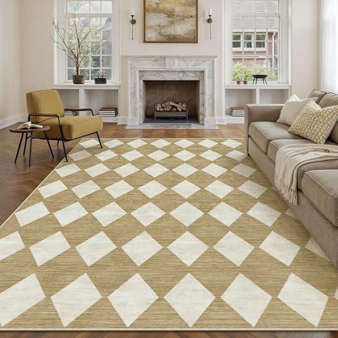 8x10 Checkered Area Rugs for Living Room Brown Machine Washable Large Rug by PureCozy