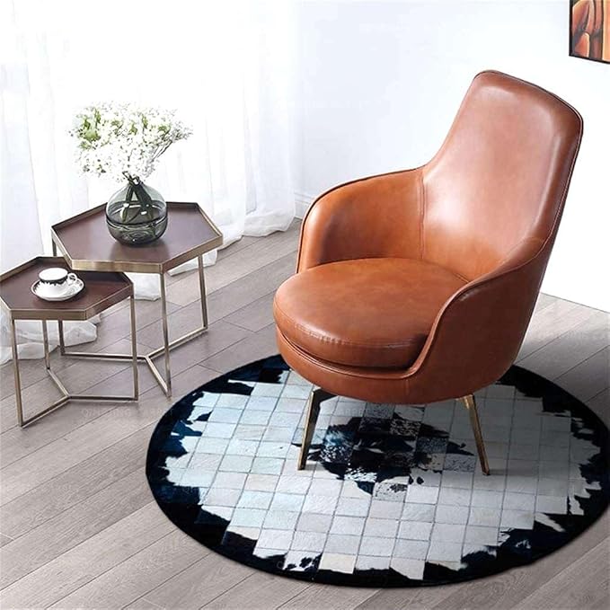 Round Black & White Cowhide Leather Area Rug – Modern Geometric Circle Carpet - Image 3