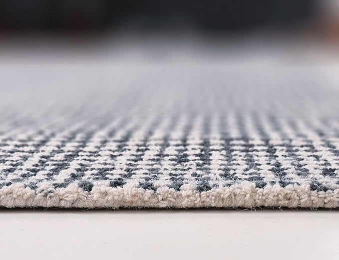 Hand-Tufted 100% Wool Pile Area Rug – Geometric Textured Grid Check Pattern – - Image 7