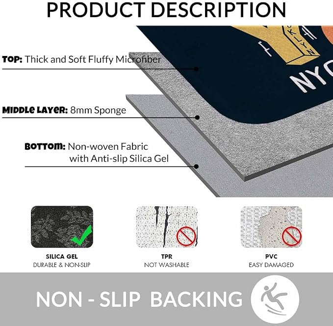 New York City Bath Rugs for Bathroom New York Theme on Black Background Durable - Image 6