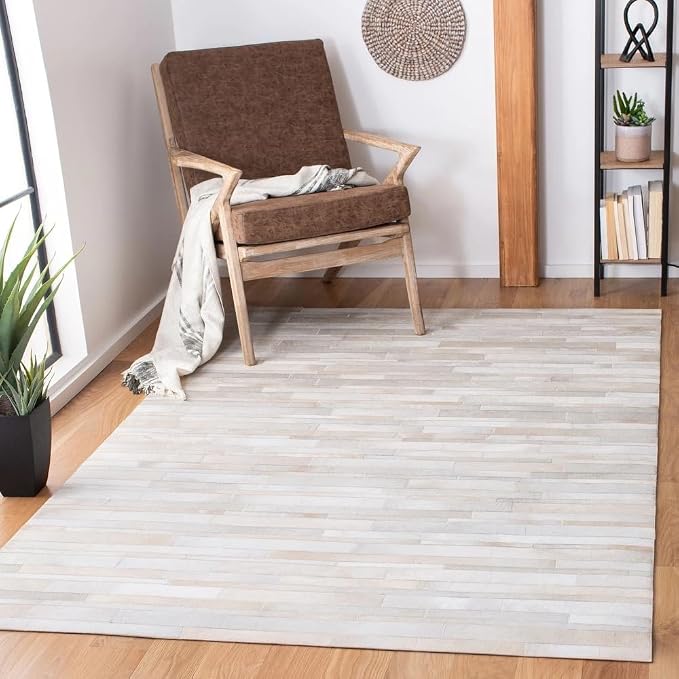 Cowhide Leather Rug for Living Room 9.9x14 Natural Leather Rug Modern Stripes - Image 2