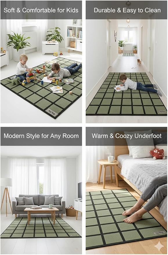 Handmade Wool Area Rug & Runner | Modern Grid Pattern Carpet - Image 3