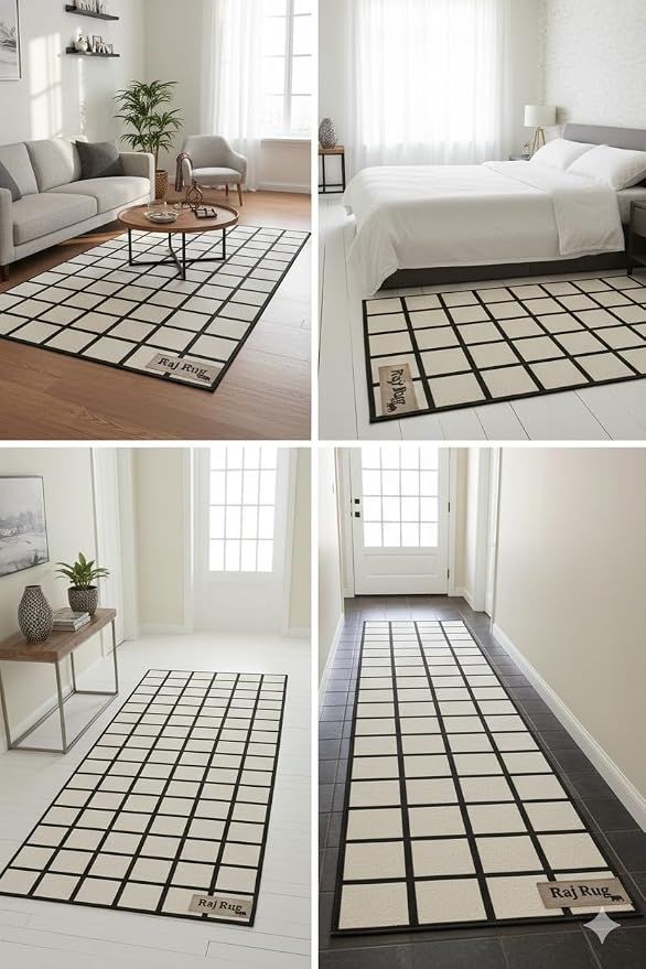 Handmade Wool Area Rug & Runner | Modern Grid Pattern Carpet - Image 6
