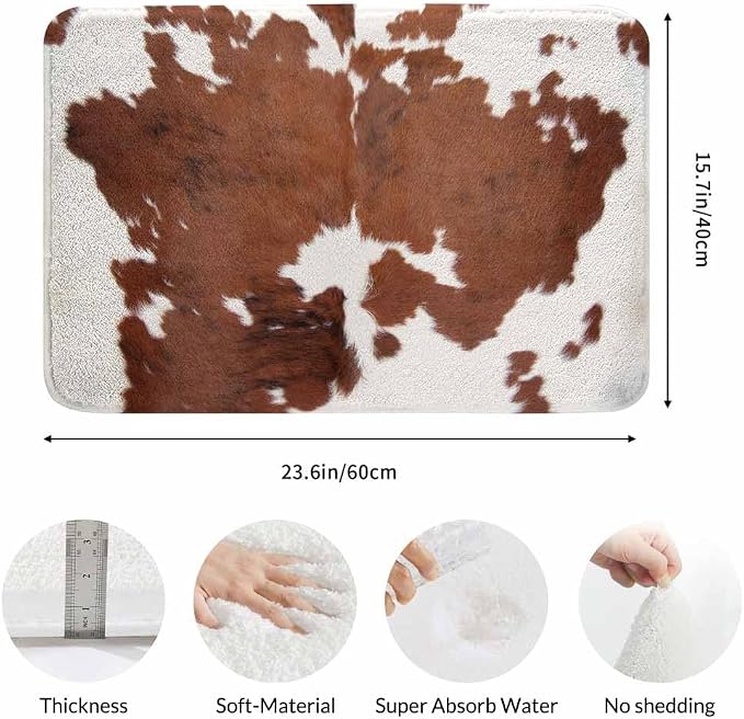 Cowhide Bathroom Mat Rugs Farm Animal Brown Cowhide Print Cow Microfiber Faux - Image 3