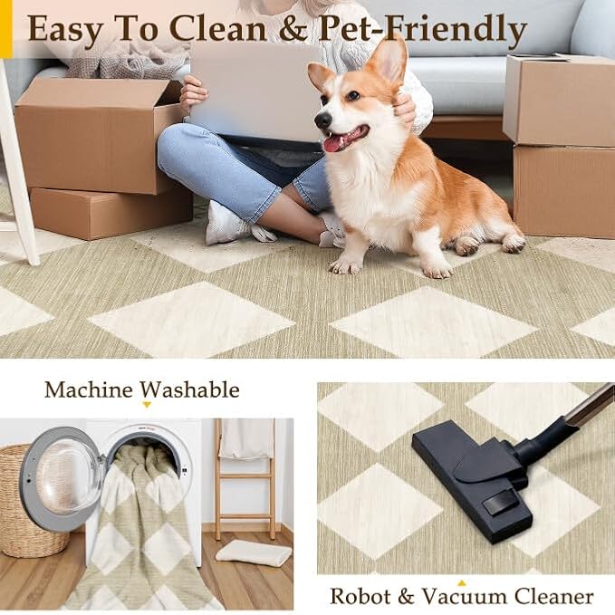 6x9 Checkered Area Rugs for Living Room Beige Machine Washable Large Rug - Image 5