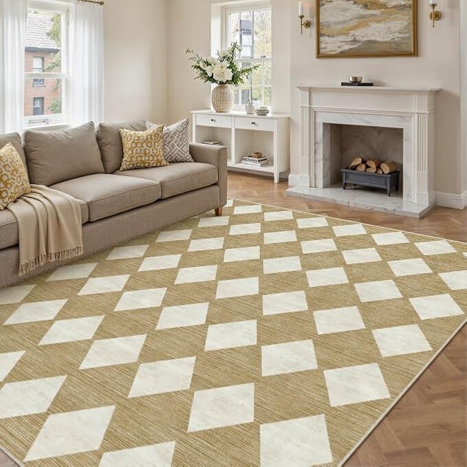 8x10 Checkered Area Rugs for Living Room Brown Machine Washable Large Rug - Image 3