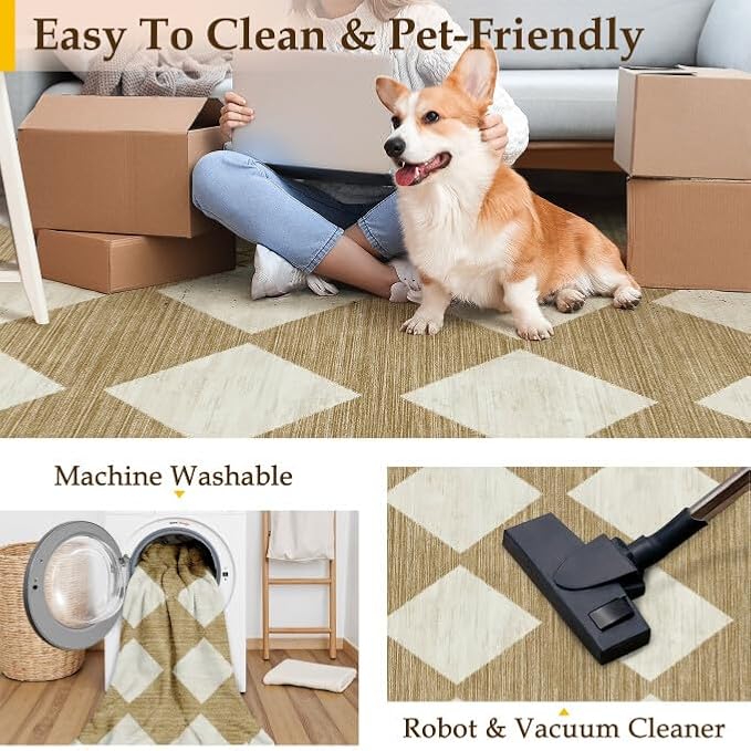 8x10 Checkered Area Rugs for Living Room Brown Machine Washable Large Rug - Image 6