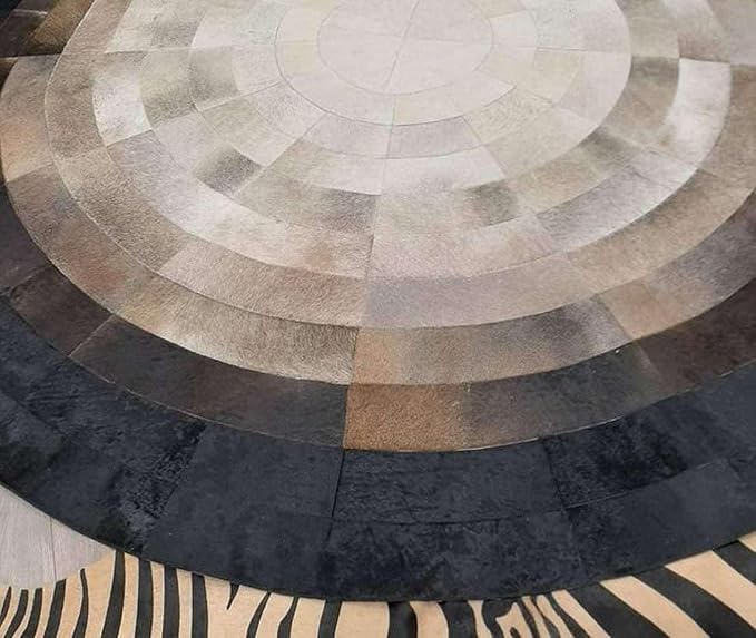 Round Faux Cowhide Leather Rug 7×7 ft – Brown & Beige Rustic Western Farmhouse - Image 2
