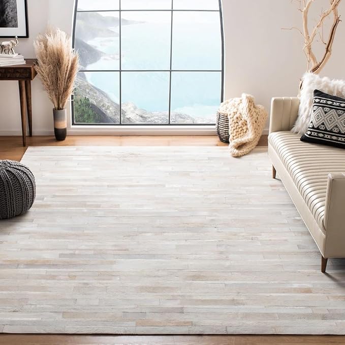 Cowhide Leather Rug for Living Room 9.9x14 Natural Leather Rug Modern Stripes - Image 4