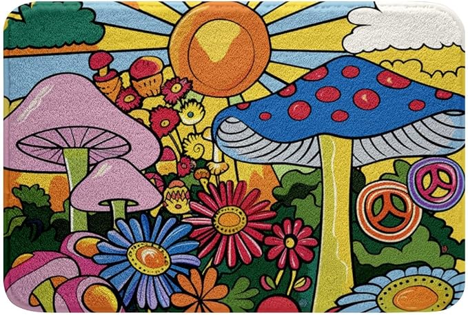 Kawaii Mushroom Bathroom Rugs Boho Sun Bath Mat Hippie Groovy Floral Non Slip by Erosebridal
