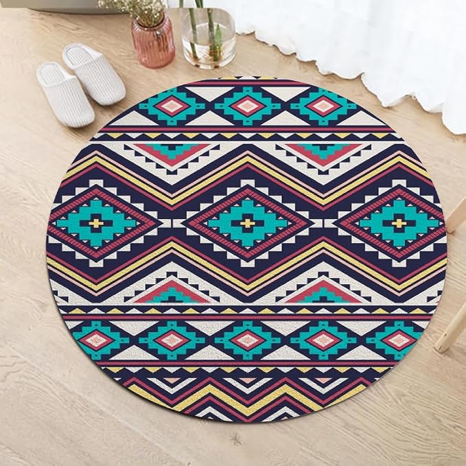 Native Tribal Geometry Round Rug Vintage Blue White Living Room Bedroom Area - Image 2