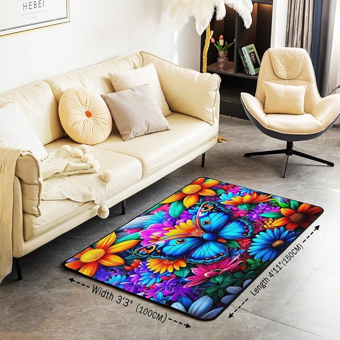Colorful Butterfly 3x5 Area Rug Rainbow Flowers Rugs - Image 2
