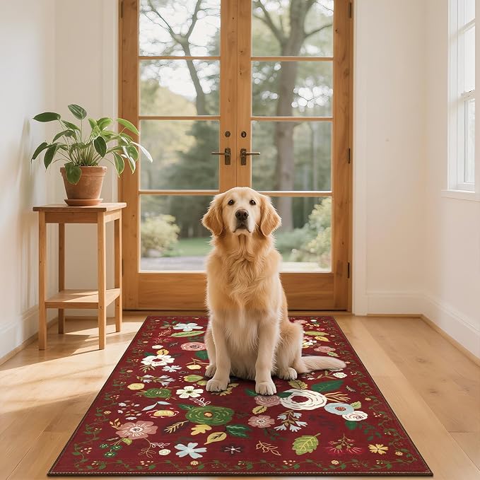 U'Artlines 3x5ft Colorful Red Christmas Floral Rug, Non Slip Washable Area Rug - Image 8