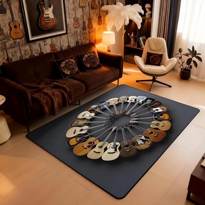 Round Guitar Large Area Rug 5x7 Musical Instruments Living Room Rug | Music - Image 4