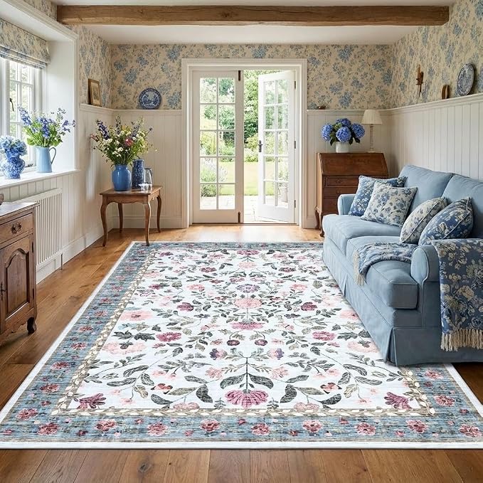 5x7 Washable Non-Slip Rug, Vintage Floral Area Rug by GarveeHome