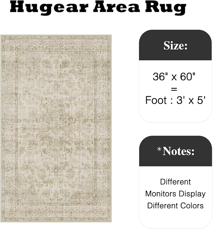 HUGEAR 3x5 Entryway Area Rug Retro Beige Small Rug Machine Washable Door Mat - Image 2