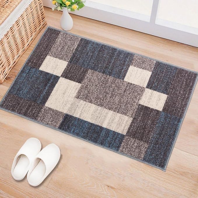Rugshop Contemporary Blue Geometric Boxes Non-Slip Area Rug Non-Shedding by Rugshop