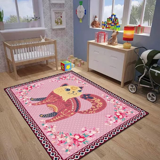 Cartoon Animal Pattern Area Rug Cute Cat Luxury Floral Decor - Image 4
