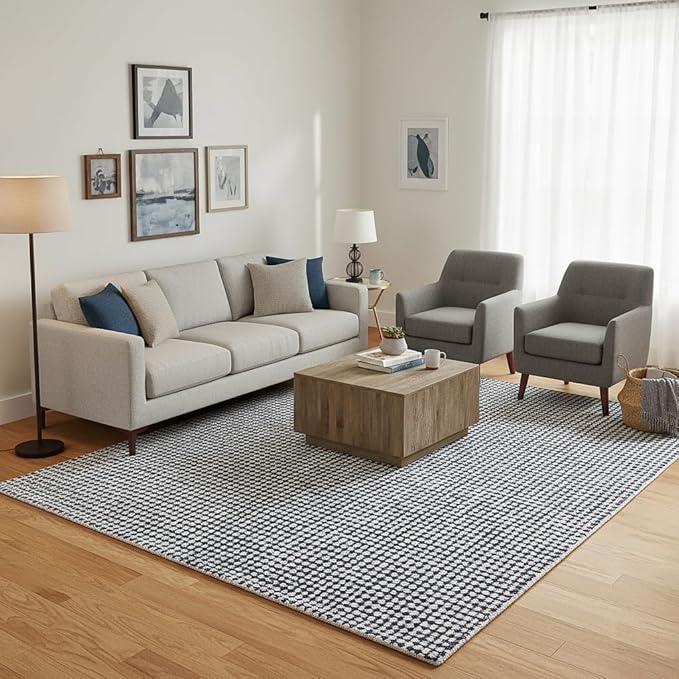 Hand-Tufted 100% Wool Pile Area Rug – Geometric Textured Grid Check Pattern – - Image 4
