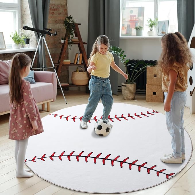 Soft Round Rugs for Bedroom, Baseball Rug for Boys, Bedside Area Kids Carpet - Image 4