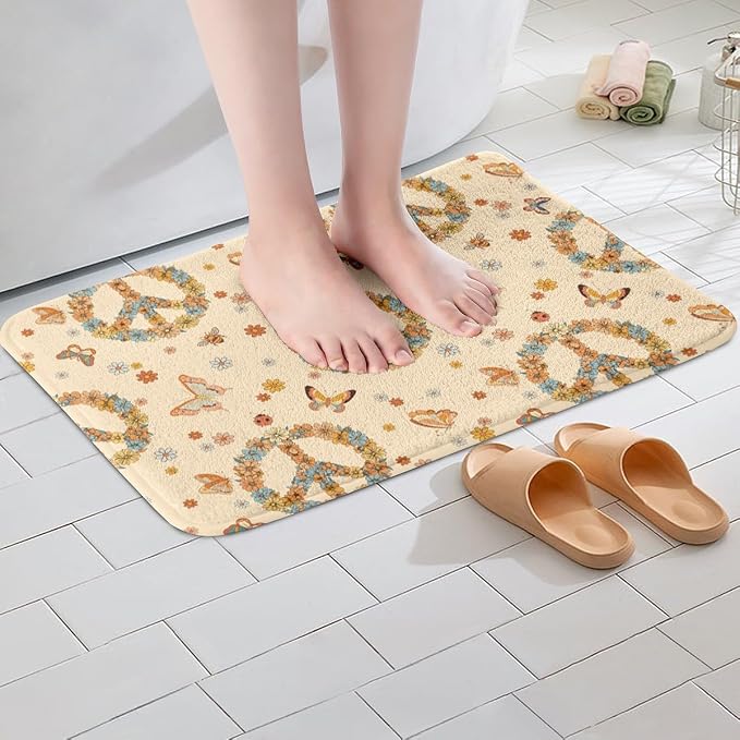 Erosebridal Groovy 70s Theme Bathroom Rugs Retro Peace Sign Mats Boho Butterfly - Image 2