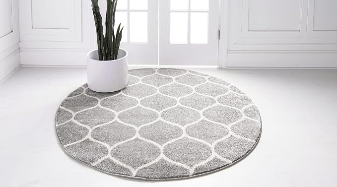 Rugs.com Lattice Frieze Collection Rug – 7' Round Light Gray Medium Rug Perfect - Image 3